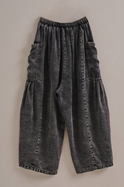 Washed Denim Utility Wide Leg Pants With Cargo Pockets: Pink / S-M-L