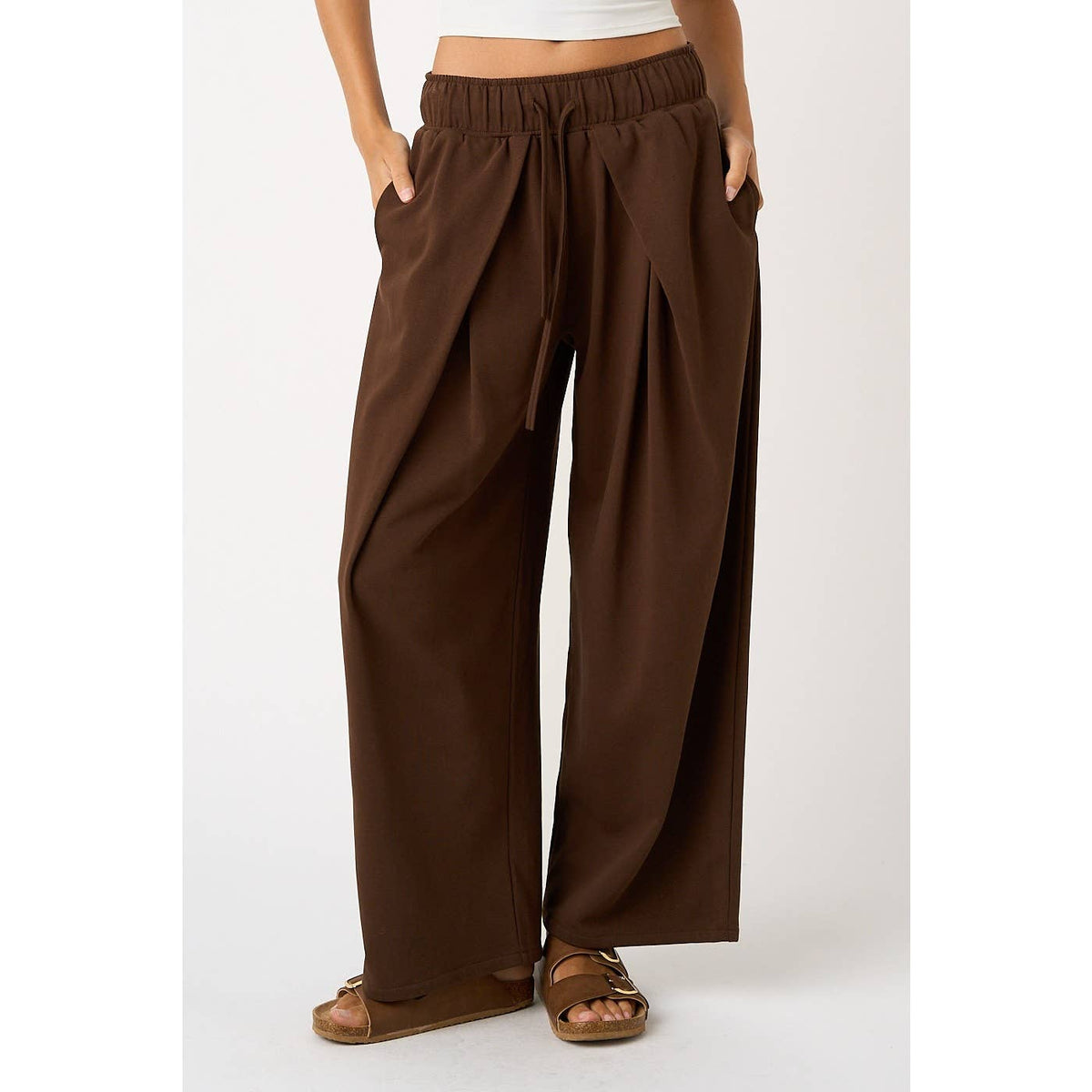 PLEATED FRONT ELASTIC WAIST WIDE LEG PANTS: H.GREY / S-M-L(2-2-2)
