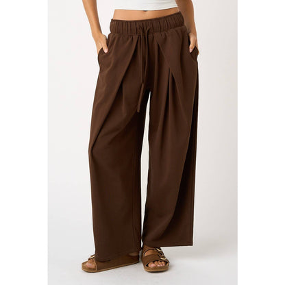 PLEATED FRONT ELASTIC WAIST WIDE LEG PANTS: H.GREY / S-M-L(2-2-2)