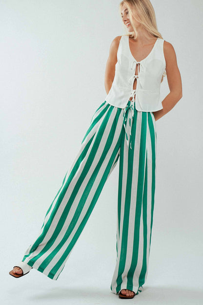 Breezy Linen-Blend Striped Wide-Leg Pants: GREEN / S-2/M-2/L-2