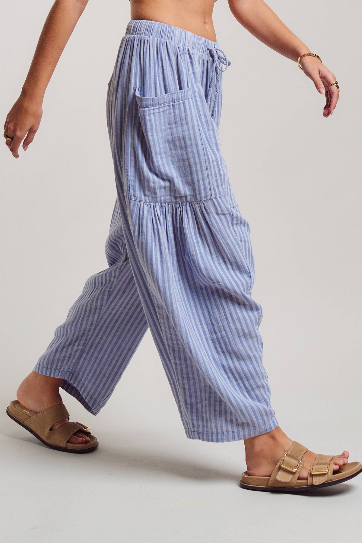 Striped Cotton Drawstring Harem Pants: Navy / S-M-L:2-2-2