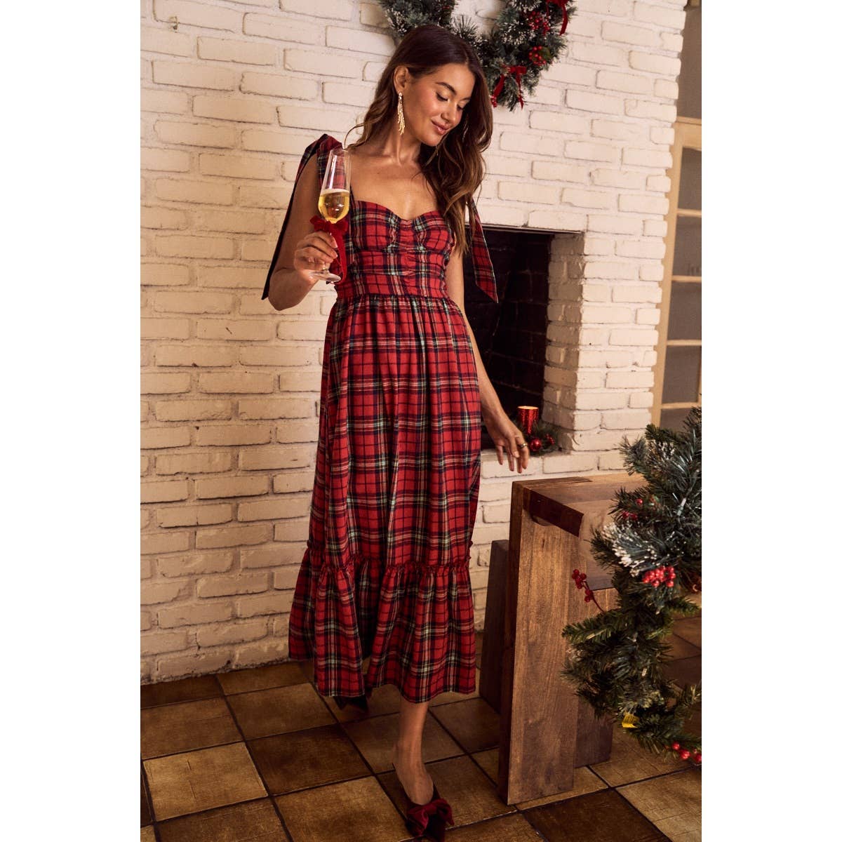CHRISTMAS CHECK PLAID WOVEN HOLIDAY MIDI DRESS: RED MULTI / S