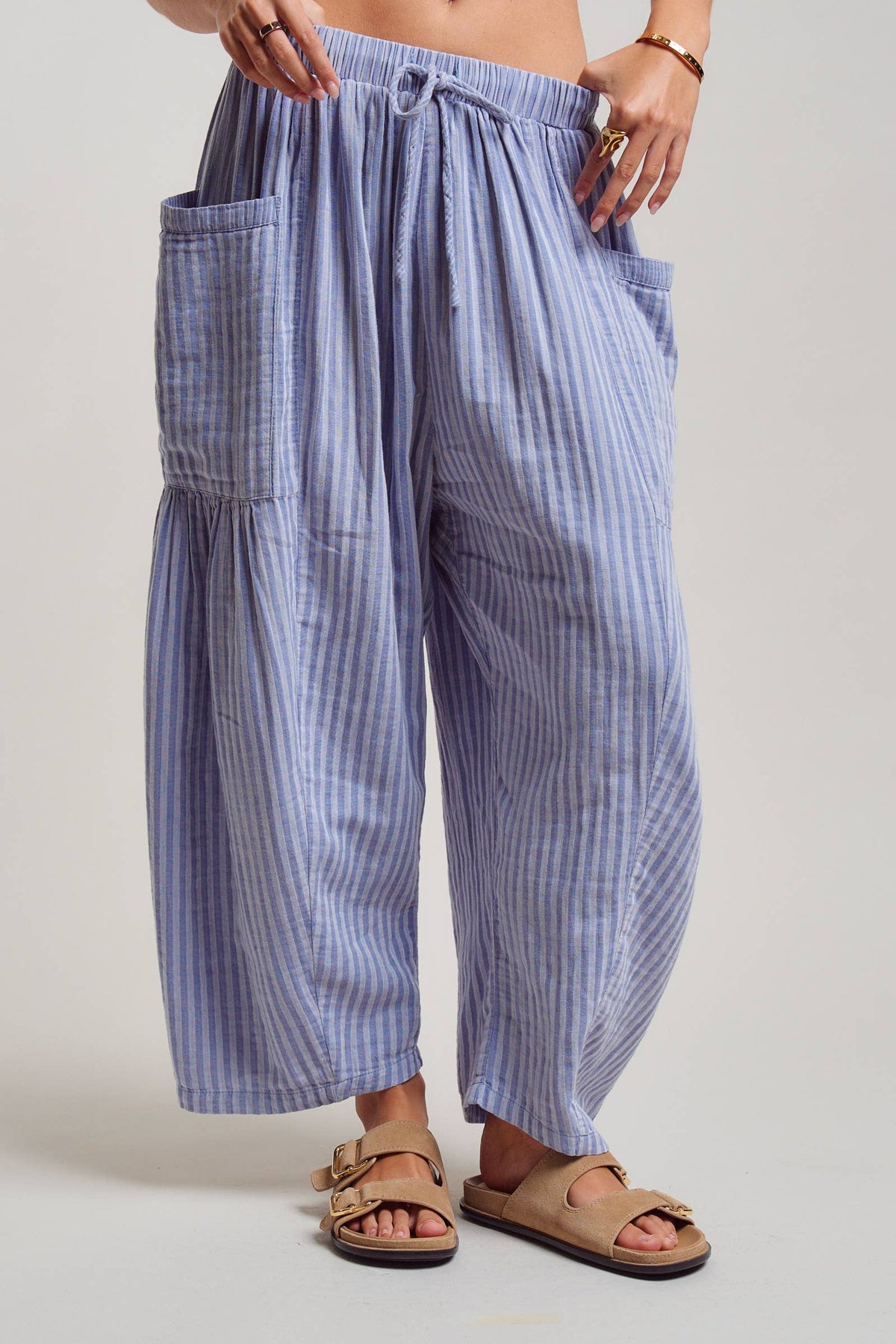 Striped Cotton Drawstring Harem Pants: TAUPE / S-M-L:2-2-2