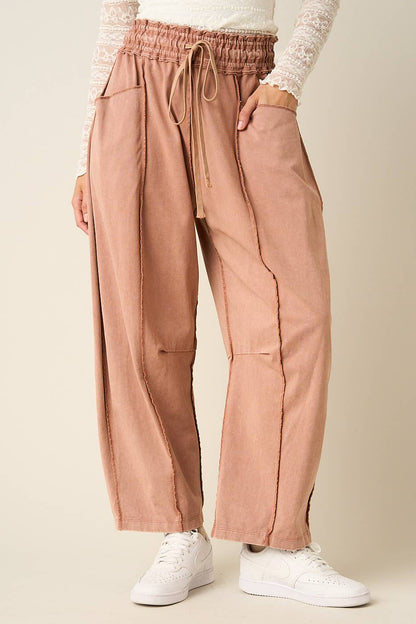MINERAL WASH SEAM DETAIL PULL ON BARREL PANTS: HONEY GOLD / S-M-L(2-2-2)