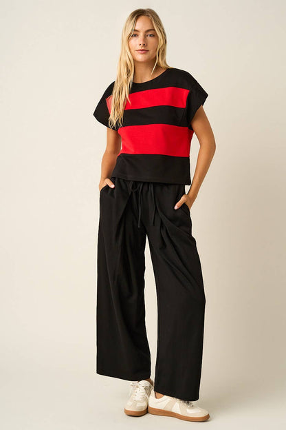 PLEATED FRONT ELASTIC WAIST WIDE LEG PANTS: H.GREY / S-M-L(2-2-2)