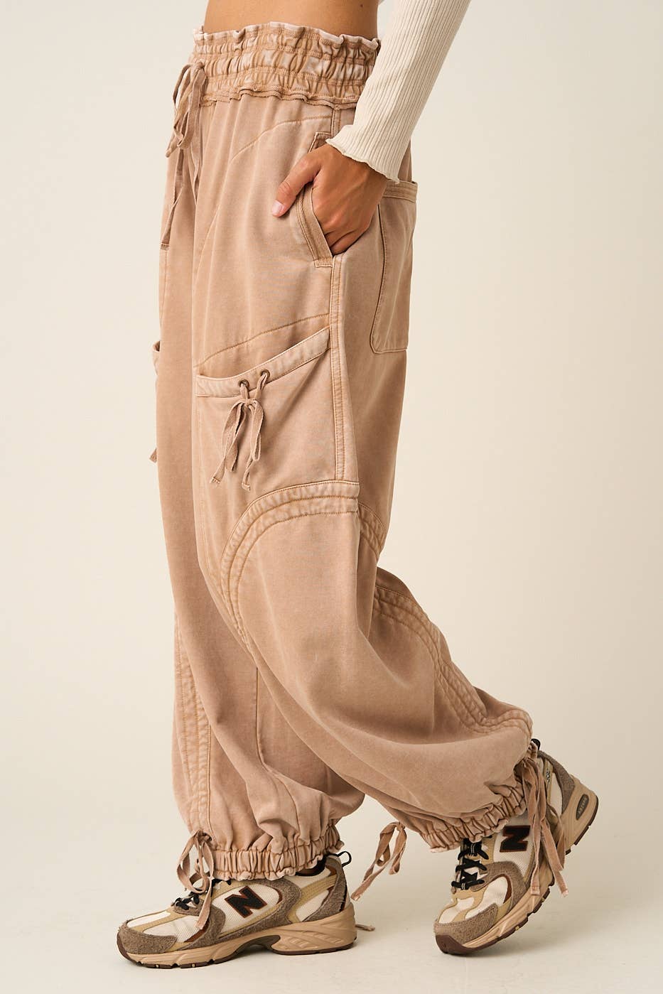WASHED FRENCH TERRY DROP POCKET BALLOON PANTS: CAMEL / S-M-L(2-2-2)
