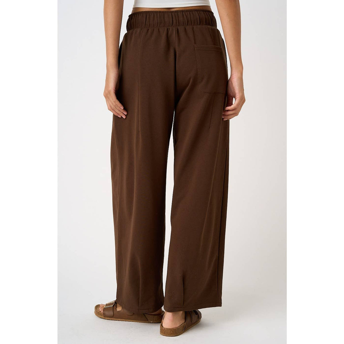PLEATED FRONT ELASTIC WAIST WIDE LEG PANTS: H.GREY / S-M-L(2-2-2)
