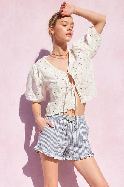 IM8278 - Striped Cotton Ruffle Shorts: BLUE / S-M-L (3-2-1)