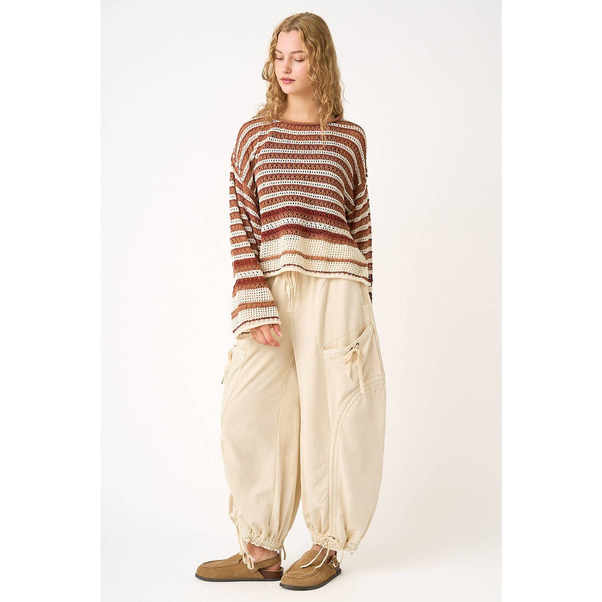 WASHED FRENCH TERRY DROP POCKET BALLOON PANTS: CAMEL / S-M-L(2-2-2)