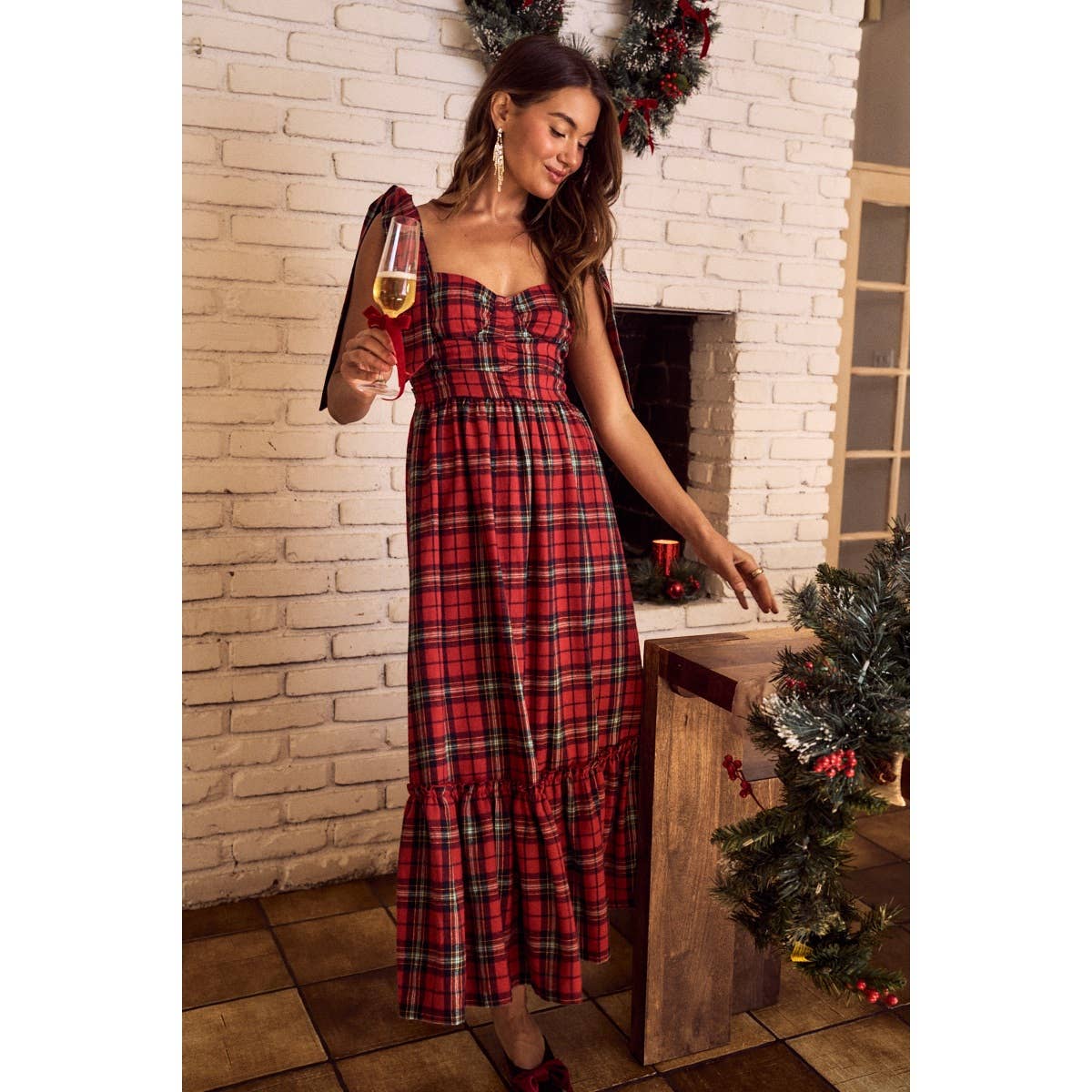 CHRISTMAS CHECK PLAID WOVEN HOLIDAY MIDI DRESS: RED MULTI / S