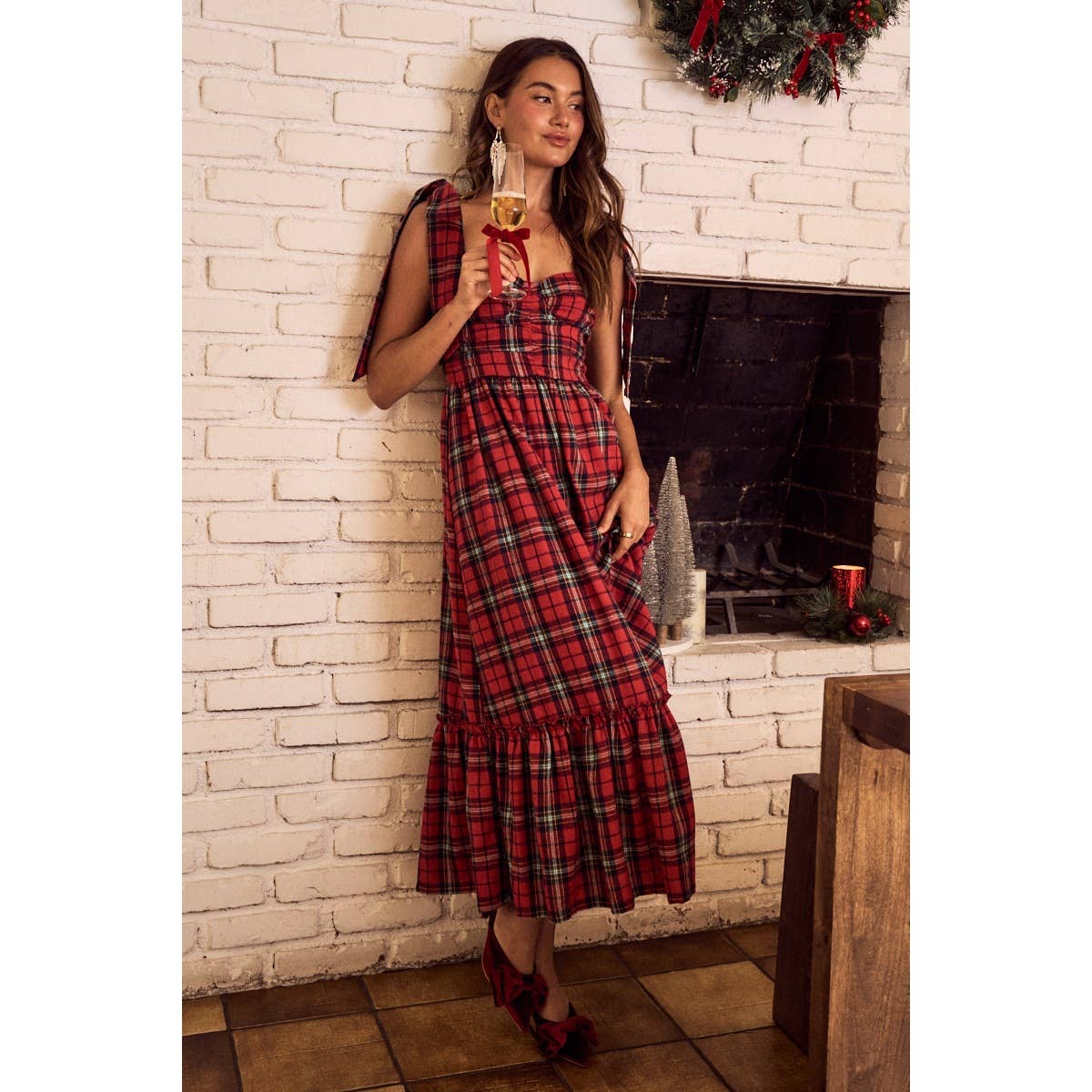 CHRISTMAS CHECK PLAID WOVEN HOLIDAY MIDI DRESS: RED MULTI / S