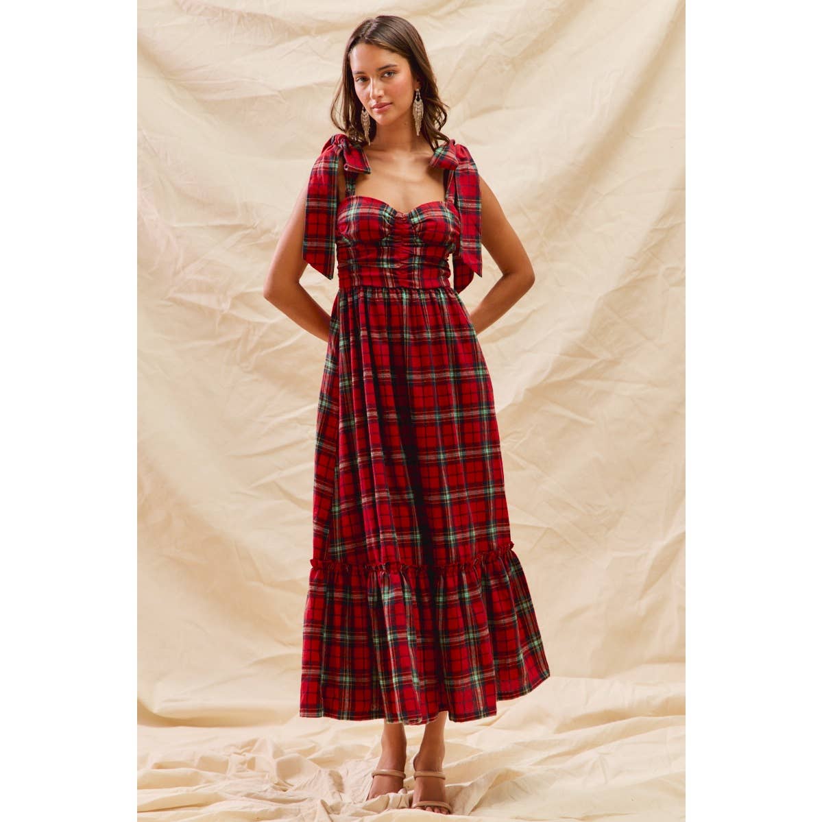 CHRISTMAS CHECK PLAID WOVEN HOLIDAY MIDI DRESS: RED MULTI / XL
