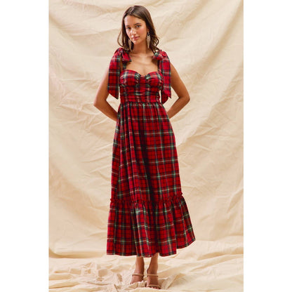 CHRISTMAS CHECK PLAID WOVEN HOLIDAY MIDI DRESS: RED MULTI / S