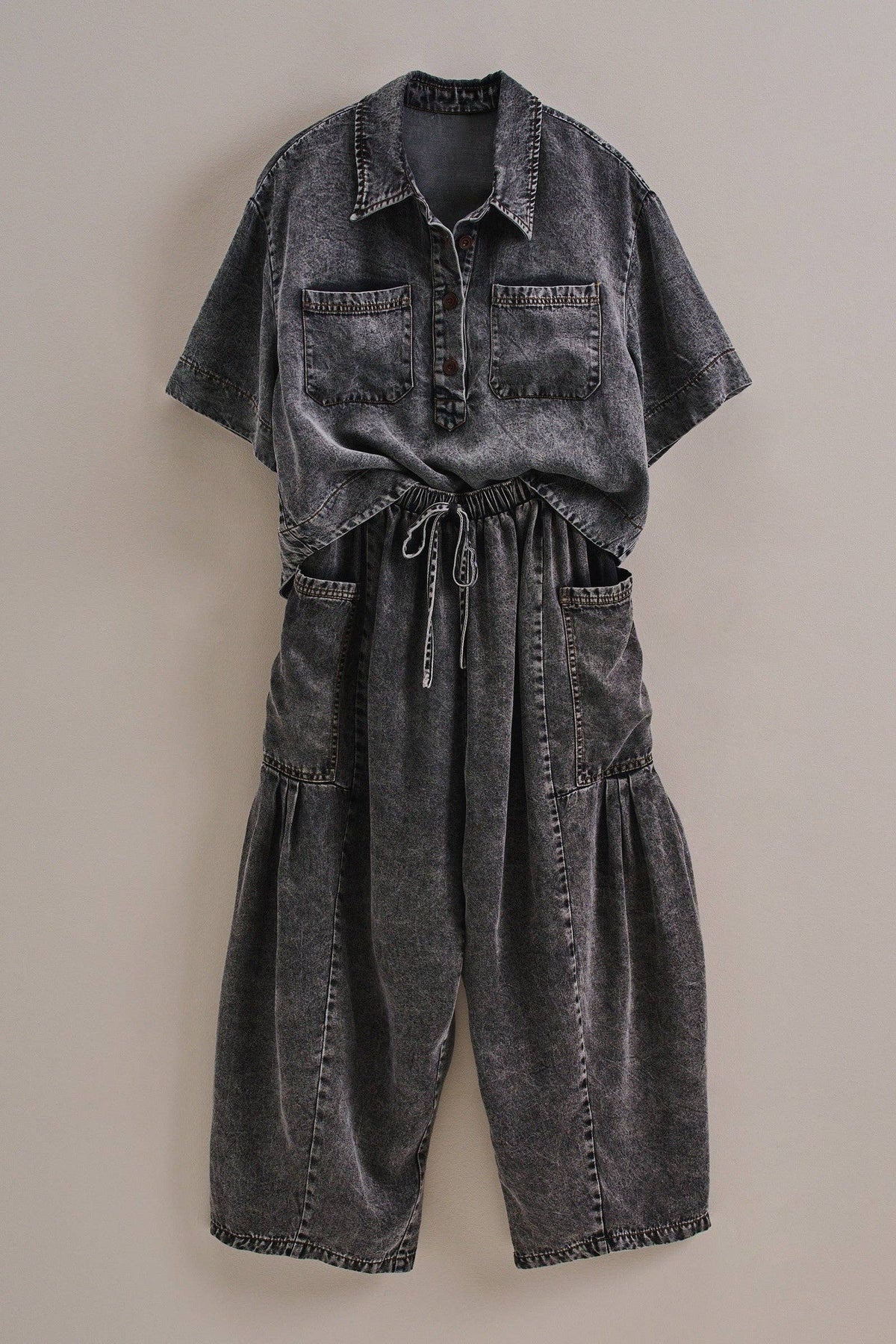 Washed Denim Utility Wide Leg Pants With Cargo Pockets: Pink / S-M-L