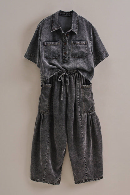 Washed Denim Utility Wide Leg Pants With Cargo Pockets: Pink / S-M-L
