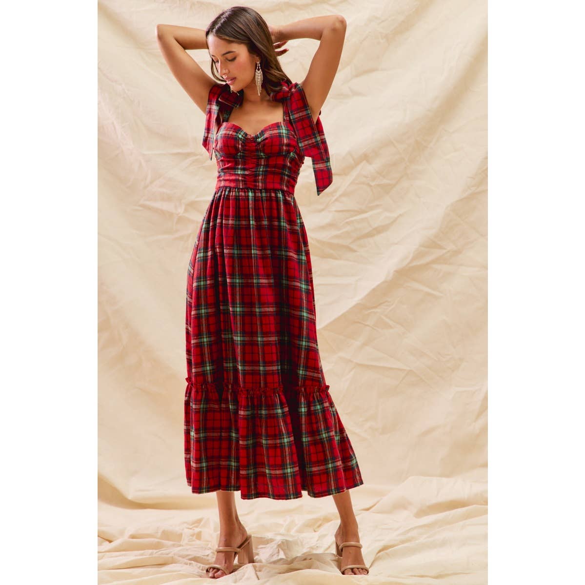 CHRISTMAS CHECK PLAID WOVEN HOLIDAY MIDI DRESS: RED MULTI / XL