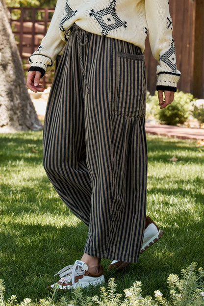 Striped Cotton Drawstring Harem Pants: Navy / S-M-L:2-2-2