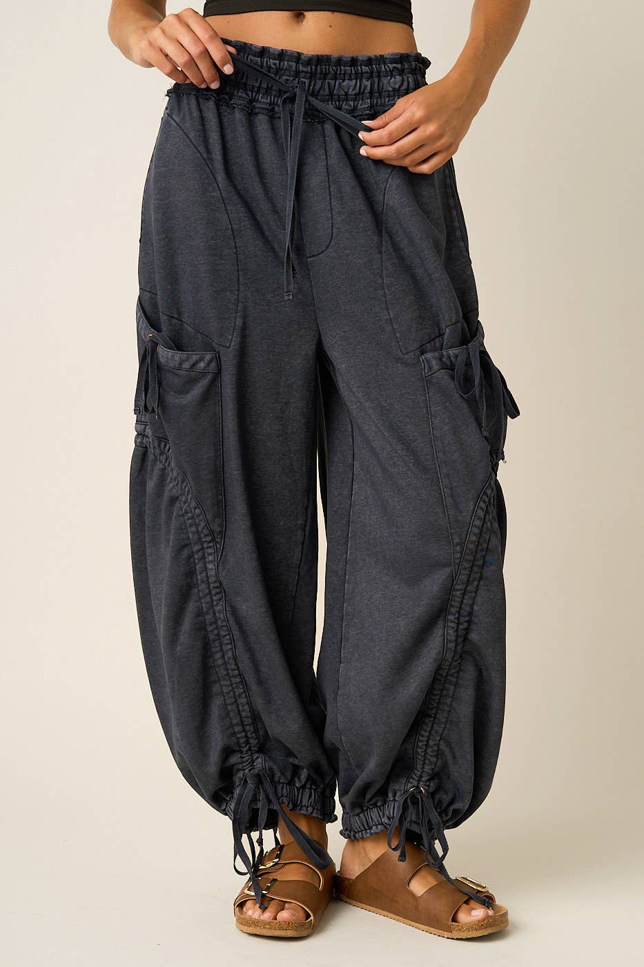 WASHED FRENCH TERRY DROP POCKET BALLOON PANTS: CAMEL / S-M-L(2-2-2)
