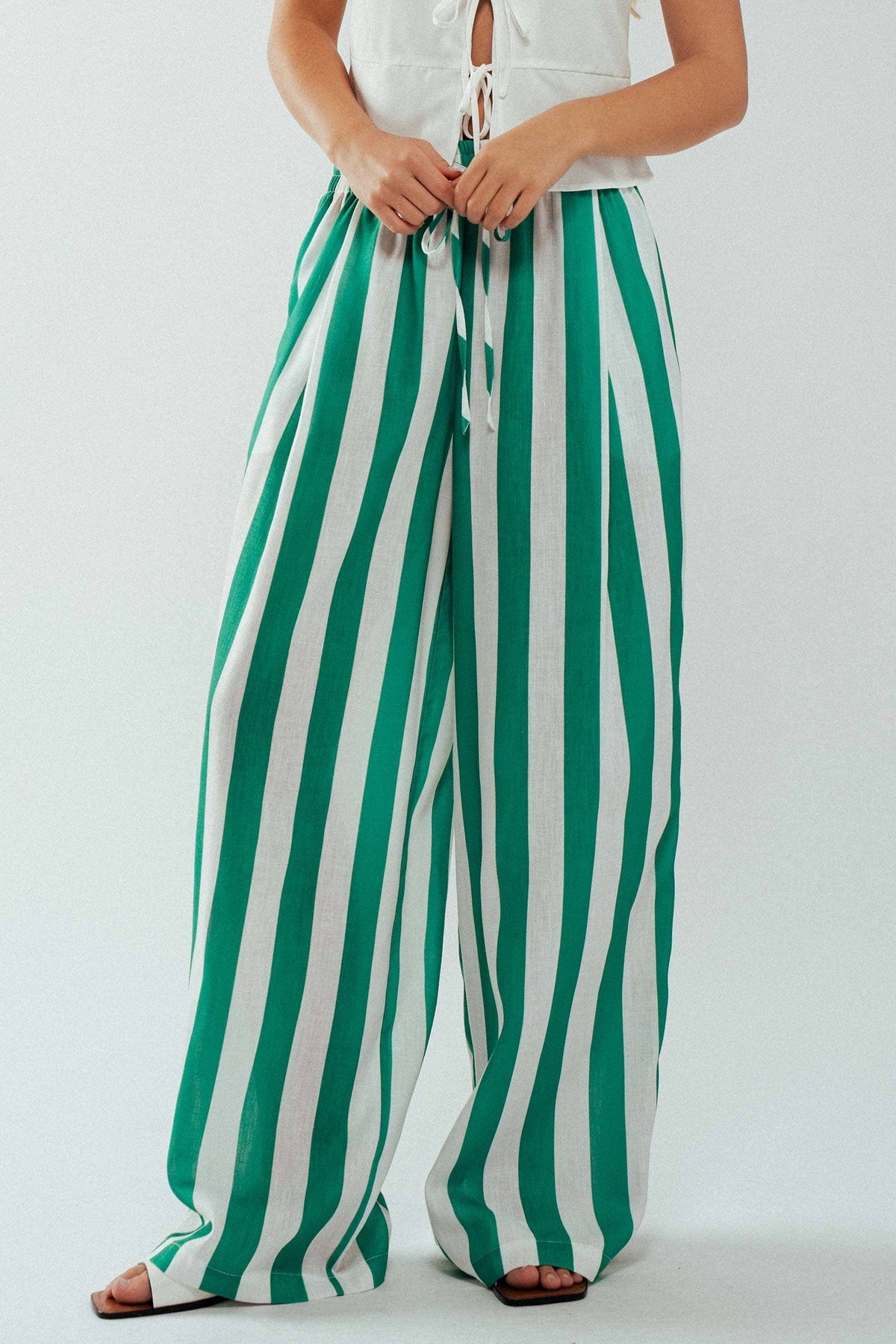 Breezy Linen-Blend Striped Wide-Leg Pants: GREEN / S-2/M-2/L-2