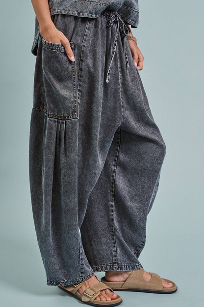 Washed Denim Utility Wide Leg Pants With Cargo Pockets: Pink / S-M-L