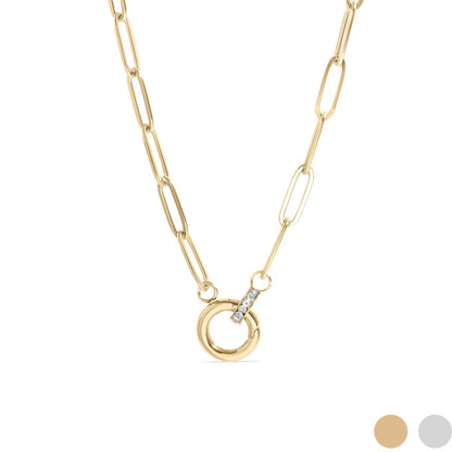 Gold Paperclip CZ Charm Keeper Necklace