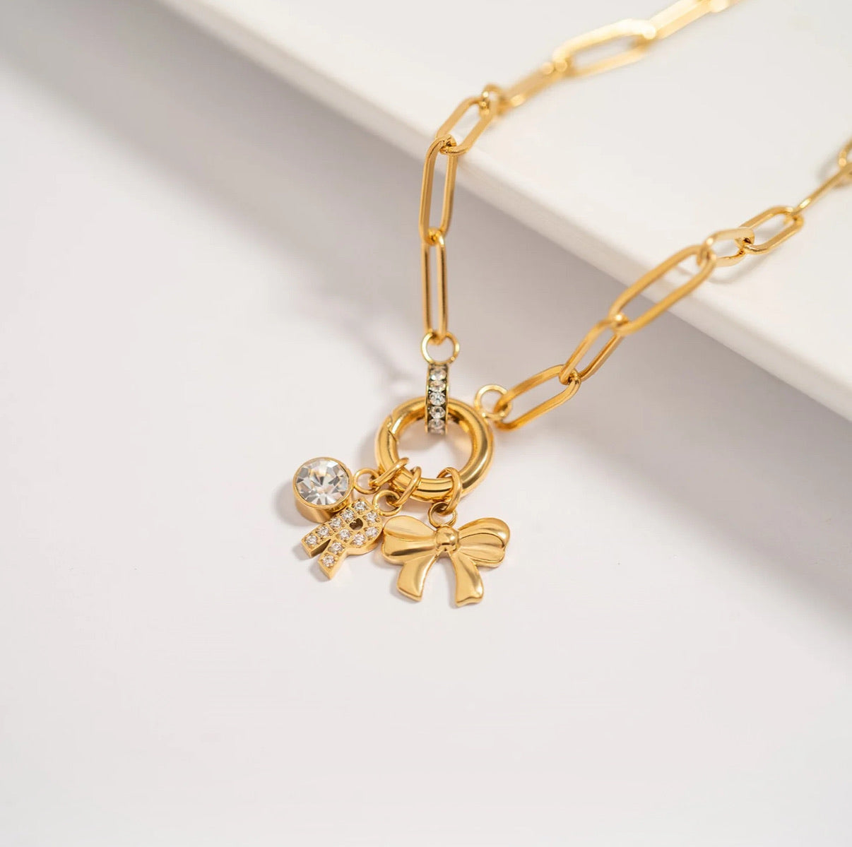 Gold Paperclip CZ Charm Keeper Necklace