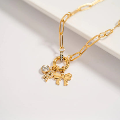 Gold Paperclip CZ Charm Keeper Necklace