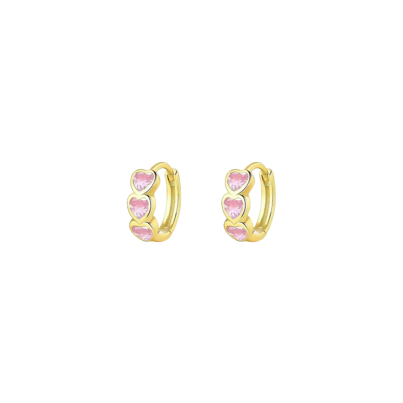 Gold Pink Huggie CZ Triple Heart Earrings