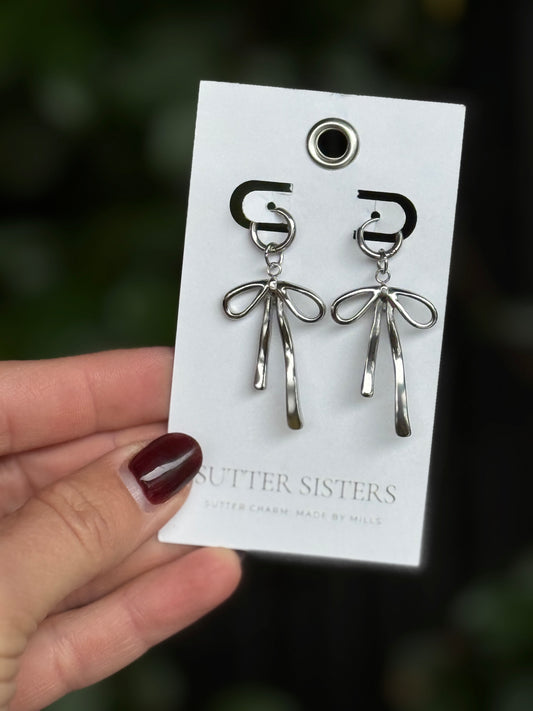 Silver Bow Drop Earrings